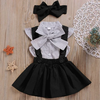 

Didi Kids Baby Girls Clothes Sets 2020 Summer Dot Flying Sleeve Shirt+Strap Dresses+Headband Kids Children's Clothing Suit