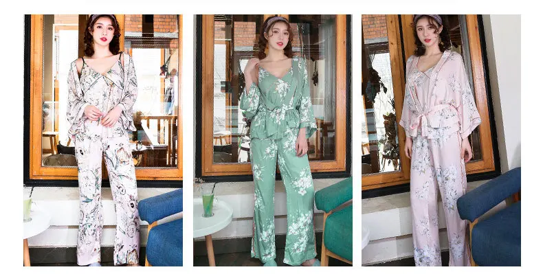 Vintage Rural Style Home Service 3 Piece Set Women's V-neck Sling Long-sleeved Nightgown Print Pajamas Set Casual Pajamas Sets