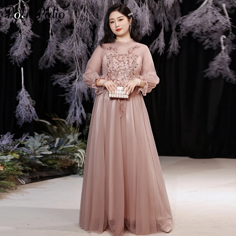 long sleeve maxi dress formal Evening Dresses For Women Elegant O-Neck A-Line Floor-Length Tulle Long Sleeve Prom Gowns With Appliques long sleeve maxi dress formal Evening Dresses