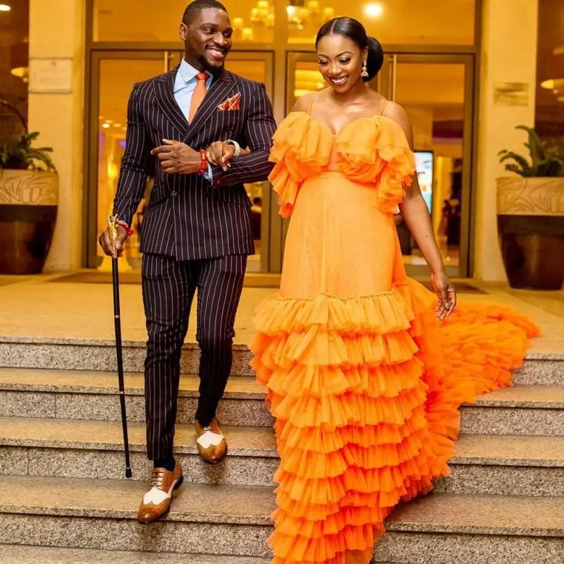

Saudi Arabia Orange Spghetti Prom Dresses Sexy Sweetheart Tiered Sweep Train Evening Gowns Aso Ebi Style African Party Dress