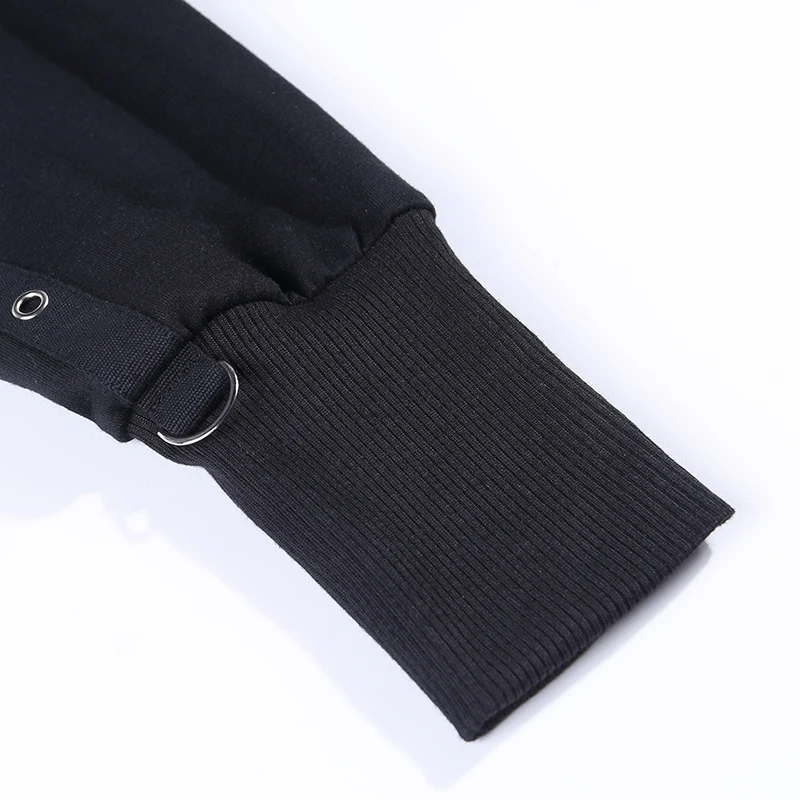 InstaHot черная толстовка с капюшоном для женщин свободный боковой пуловер на молнии Готический уличная Женская толстовка с длинным рукавом Топы повседневные