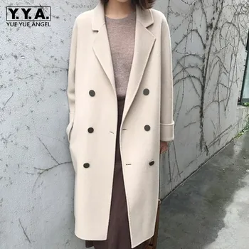 

Elegant Beige Women Woolen Coat Autumn Winter Double-Faced Cashmere Outerwear OL Style Fashion Single Breasted Loose Overcoat