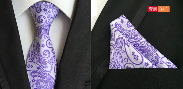 Модный цветочный галстук "пейсли" для мужчин 8 см шелковый Набор платков и галстуков для свадьбы Одноцветный галстук носовой платок наборы - Цвет: 043