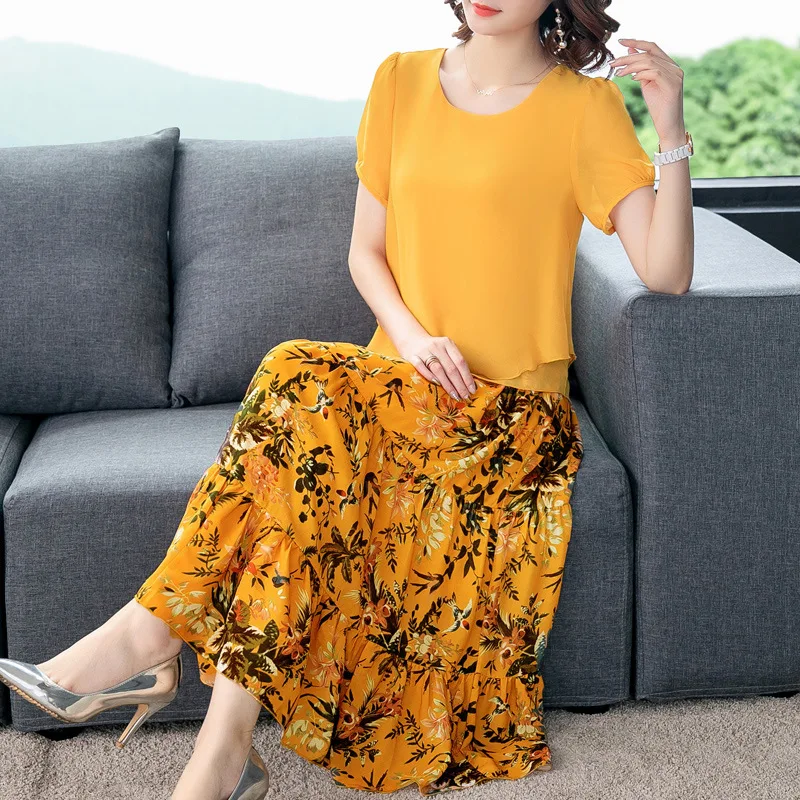 

WOMEN'S Dress Ladies' Short Sleeve Chiffon Tops Elegant Floral-Print Half-length Set Two-piece Dress 2019 Summer New Style
