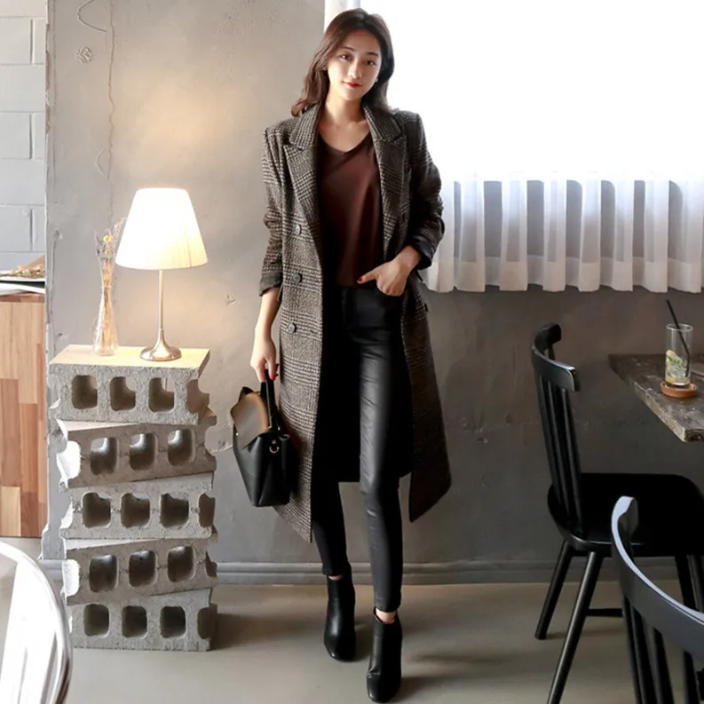 Photo Shoot Winter Korean-style Retro Thousands of Birds Suit Collar Overcoat Women's over-the-Knee Mid-length Slit-Back Woolen