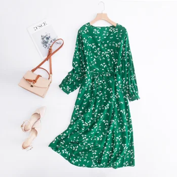 

Women's 100% Pure Silk V neck Half sleeve Two Layers Green Leaves Printed Long Dress JN414