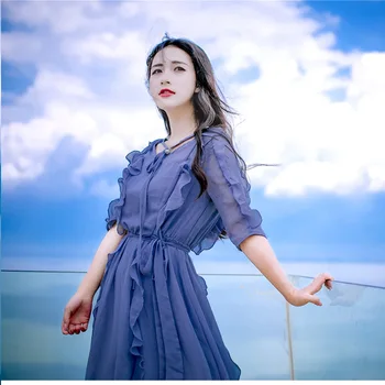

Dress Summer New 2020 Women's Clothing V-neck Ruffled Chiffon Lace Dress Bohemian Dress Summer