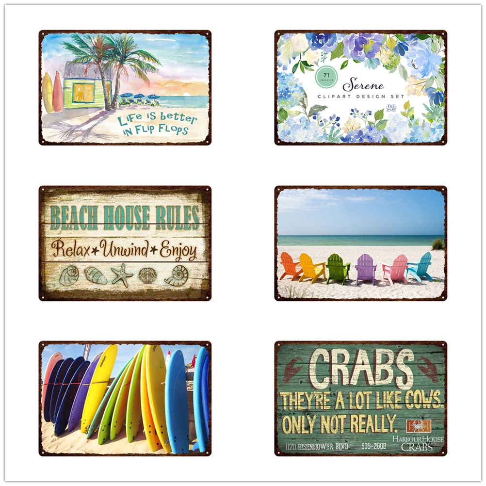 

Seaside Beach Surfboard Metal Poster Retro Stickers Vintage Metal Tin Plaque Tin Signs Hanging Wall Art House Room Decor