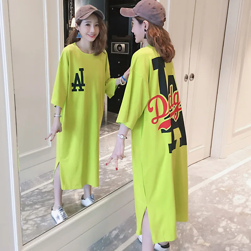 

#2345 Summer Cotton Plus Size Tshirts Dresses In Women O-neck Loose Dress Woman Letter Printed Fashion Ladies T-shirts Dresses