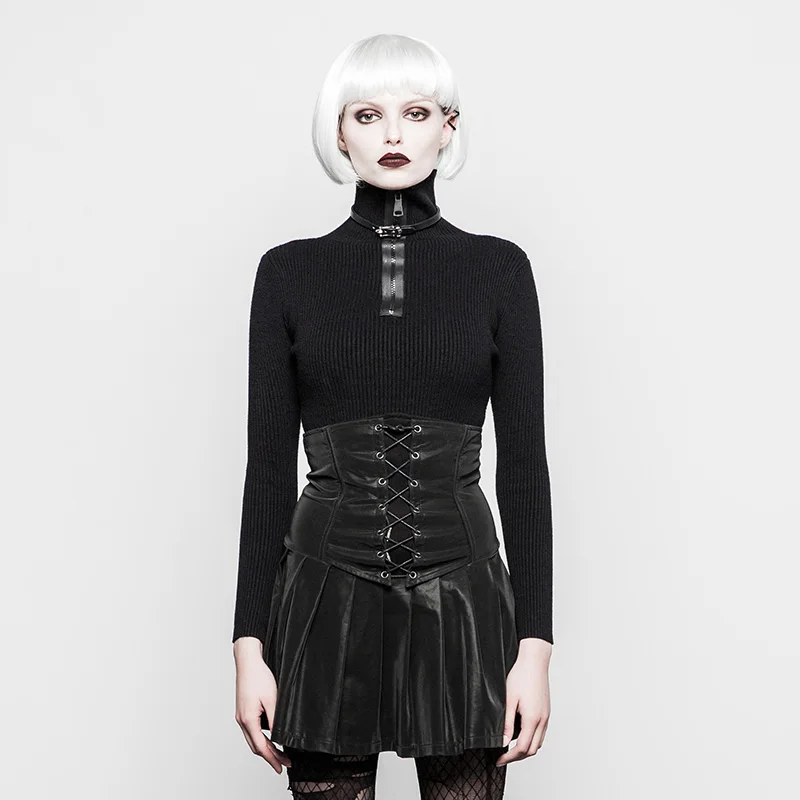 

PUNK RAVE Women's Zipper High Neck Sweater Punk Elastic Core Spun Yarn Slim Fit Personality Long Sleeve Winter Sweater