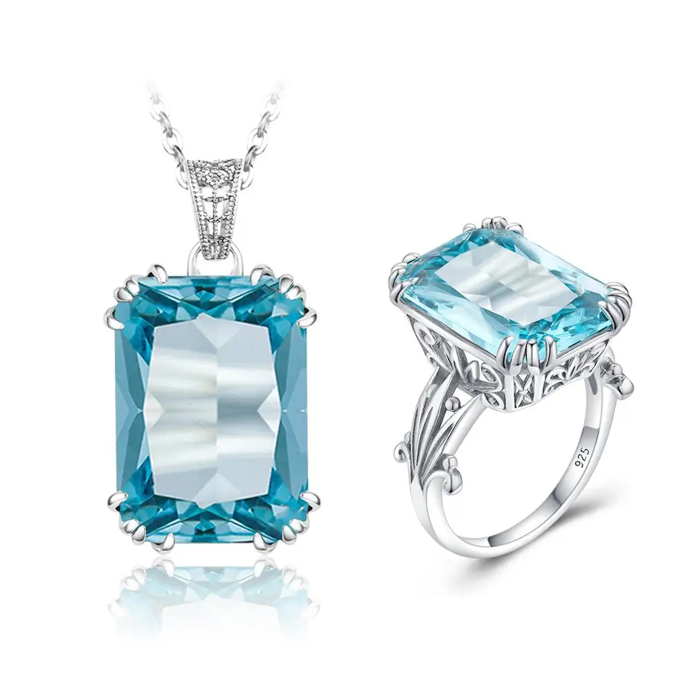 

100% Genuine Silver 925 Jewelry Set Fine Jewelry Sparkling Blue Aquamarine Pendant Ring Set For Women Delicate Luxury Party Gift
