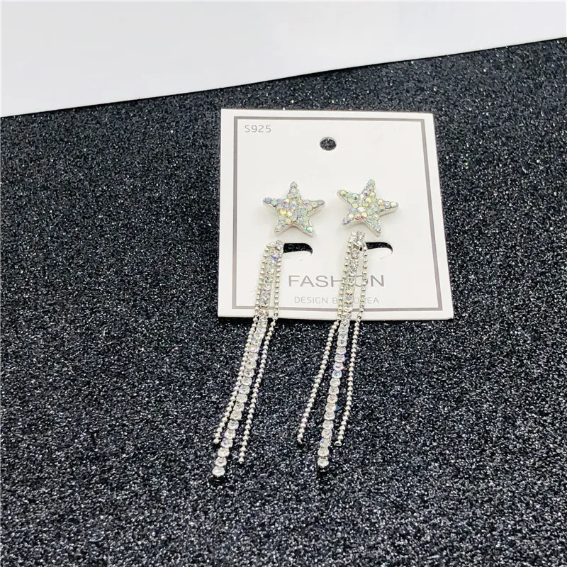 

S925 Silver Needle Earrings Star Full of Crystal Tassels Long Earrings Dangle Earrings