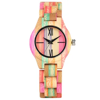 

Multi-Colored Bamboo Wood Women Watch Quartz Full Wooden Ladies Bangle Wristwatch Folding Clasp Fashion Female Wood Clock