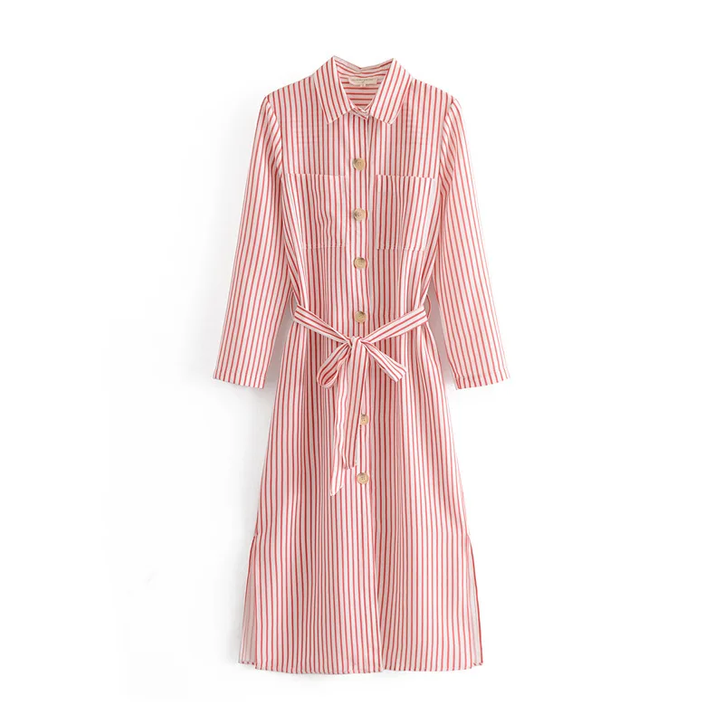 

New Style Korean-style Spring And Autumn Long Sleeve Large Size 200 Chubby Women's Stripes Waist Hugging Slimming Mid-length Dre