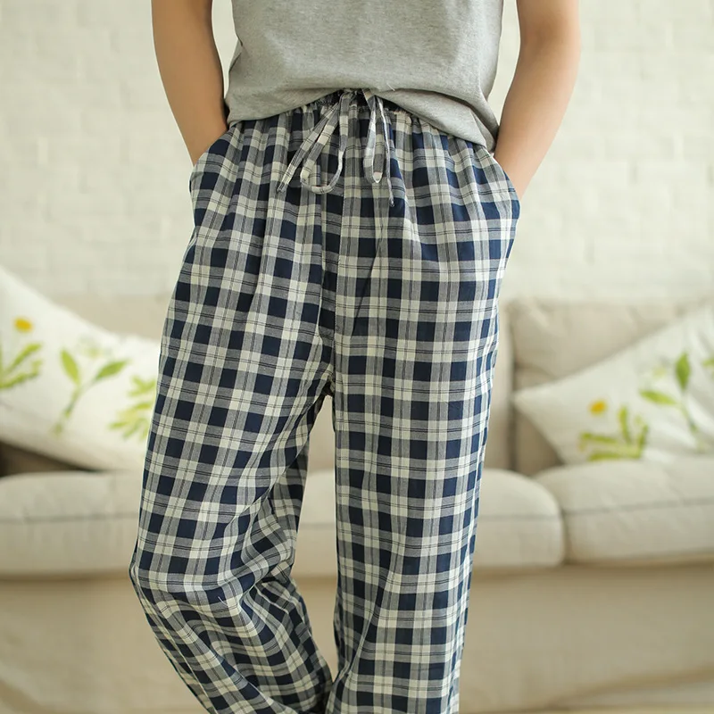 

Meju Casual Men Loose Pajama Pants Tatting Pure Cotton Plaid Home Pants