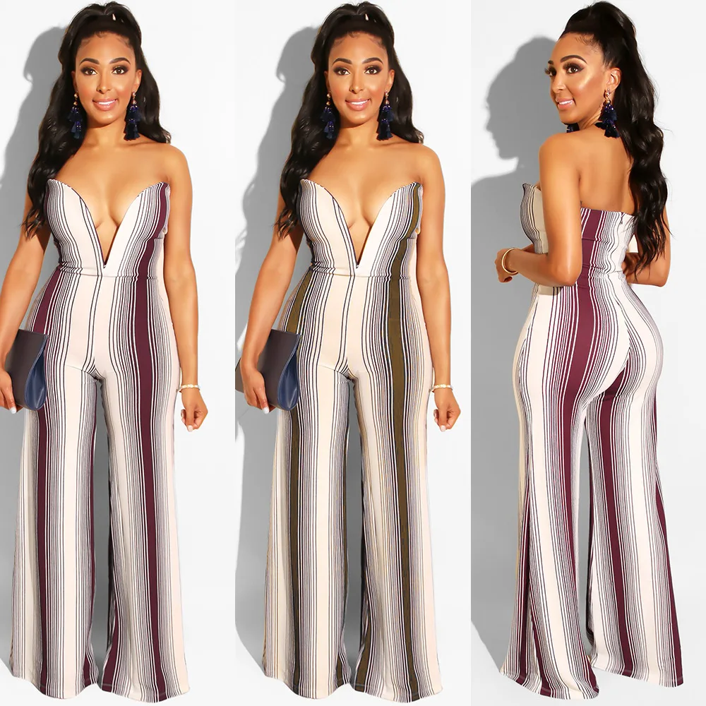 

Fashion jumpsuit striped print wrapped chest strapless loose women's jumpsuit