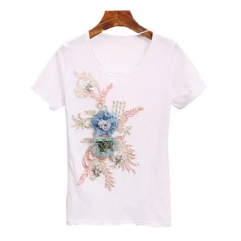 

Heavy Industry Nail Beads Embroidery Three-dimensional Flowers Short Sleeve T Shirt Female 2020 New Joker Loose Top