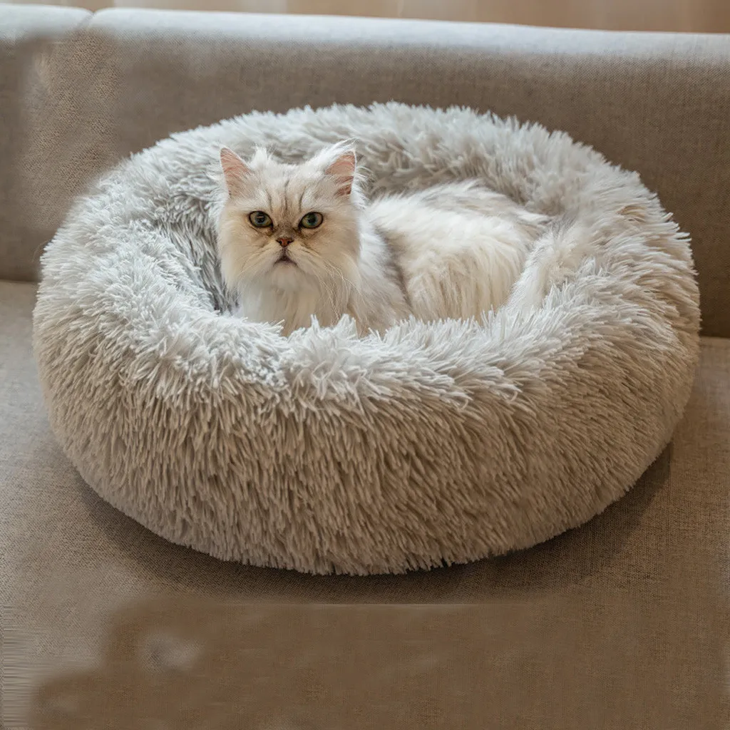 Круглый зимний теплый спальный мешок для собаки, кошки, длинная плюшевая супер мягкая кровать для питомца, Успокаивающая кровать, подушка для щенка, переносные принадлежности для кошек