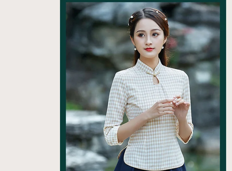 Китайский стиль учебный стиль для женщин с длинными рукавами Qipao решетки Улучшенный чёнсам Тан костюм рубашка женская повседневная одежда рубашка