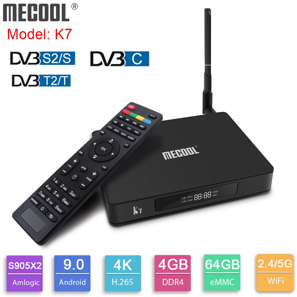 Медиаплеер MECOOL K7 DVB s2-t2-C Android 9 0 Amlogic S905X2 4 Гб DDR4 64 ПЗУ 2 4G 5G WiFi USB3.0 100 Мбит/с 4K |