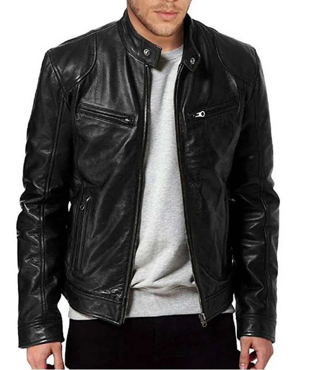 Winter Warm Genuine Black&Brown Leather Jacket Fashion Men Slim Fit Biker Motorcycle Stand Collar Slim Zip Jacket