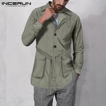 

INCERUN Winter Men Jackets Long Sleeve Solid Streetwear Pockets Lapel Button Fashion Outerwear Coat Lace Up Mens Overcoat 2020