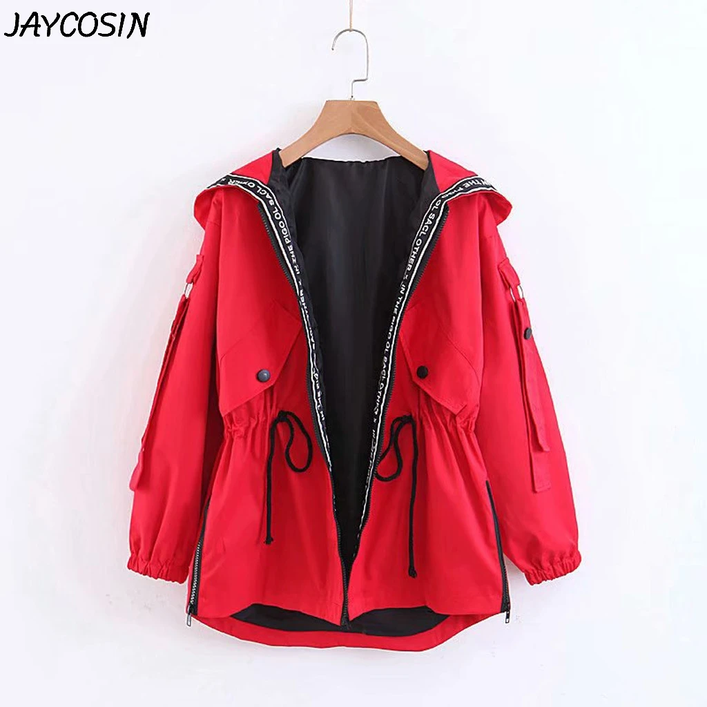 JAYCOSIN, Женское пальто, одноцветное, свободное, с длинным рукавом, на молнии, обычные хлопковые куртки с капюшоном, негабаритная куртка, ветровка, пальто, женская куртка