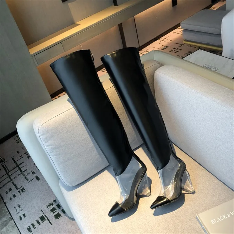 MStacchi/женские зимние прозрачные сапоги выше колена; женские туфли-лодочки с острым носком на высоком каблуке 12 см с кристаллами; модные серебристые женские сапоги