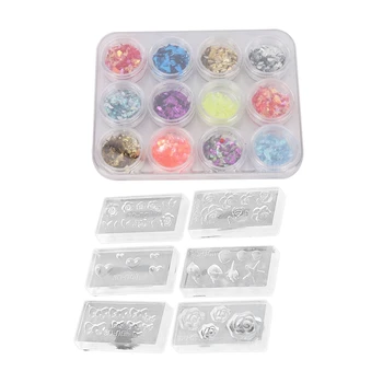 

18 Pcs DIY Nail Art Decoration: 12 Pcs 12 Colors Nail Art Acrylic UV Gel Crushed Shell & 6 Pcs 3D Silica Gel Mold