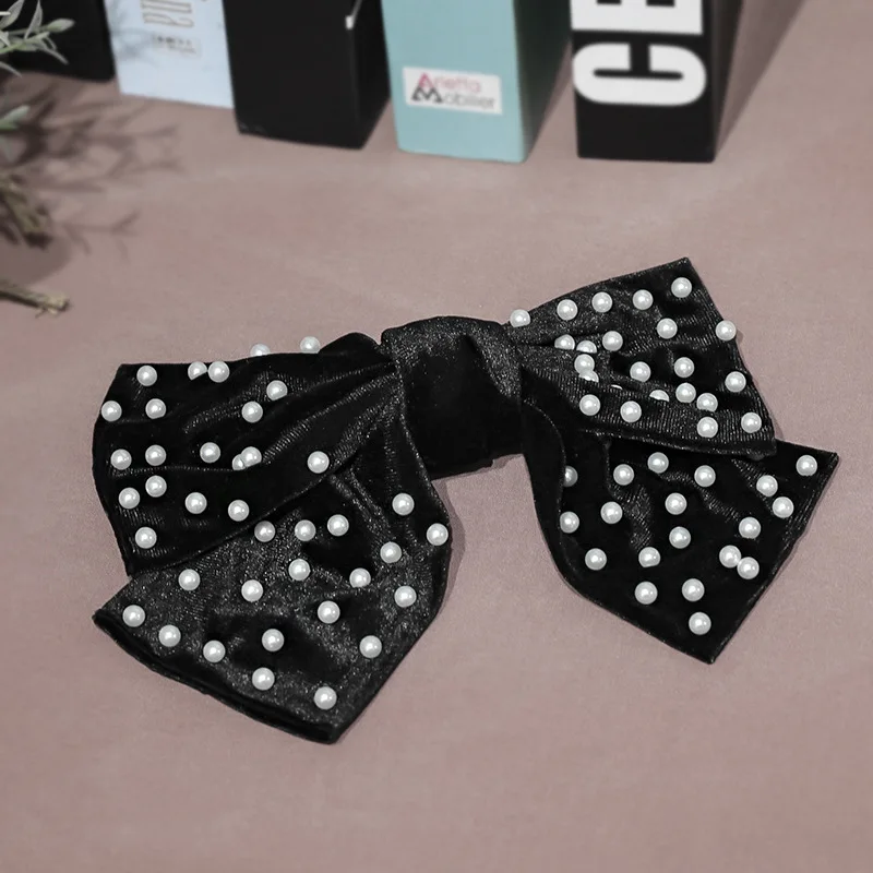 1 шт., новинка, 5 дюймов, большие гладкие бархатные женские банты для волос с/без зажимов, Осень-зима, аксессуары для волос, черный горошек, жемчуг, для повязки на голову