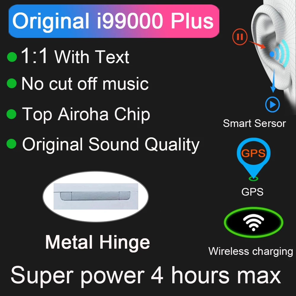 Беспроводные Bluetooth наушники i99000 Plus TWS PK i5000 i9000 Pro i90000 MAX Air2 Top Airoha 1562A чип с текстом