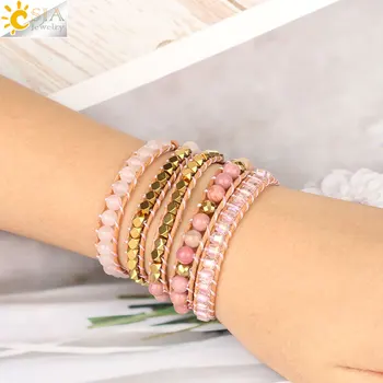 

CSJA Natural Stone Multi-layer Wrapped Bracelets Leather Wrap Bracelets Pink Crystal Red Wood Grain Beads Jewelry for Women S515