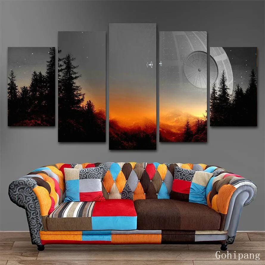 Modular-Canvas-Pictures-Wall-Art-Framed-5-Pieces-Star-Wars-Tree-Death-Star-Painting-Living-Room (2)
