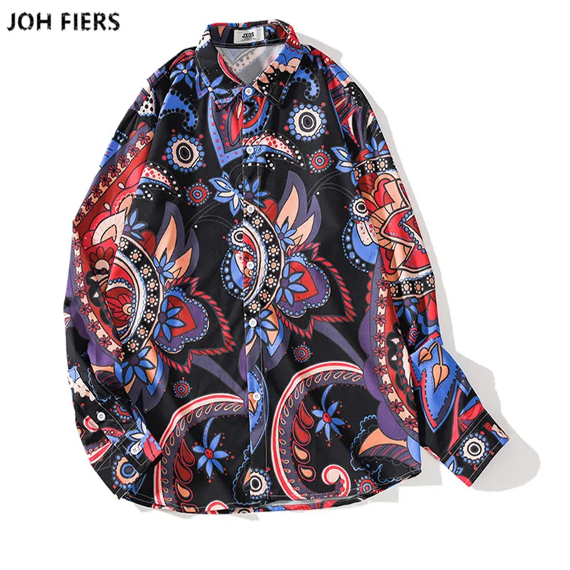 

2019 Brand Men Hawaii Shirts Male Casual printed Slim Fit Shirt Cotton Long Sleeve Dress Shirt Camisa Masculina M-XXL C055