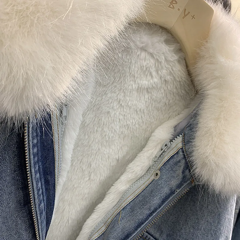 Зимняя теплая джинсовая куртка женская новая разборная меховая внутренняя плюшевая утолщенная джинсовая парка большой меховой воротник хлопковая джинсовая куртка