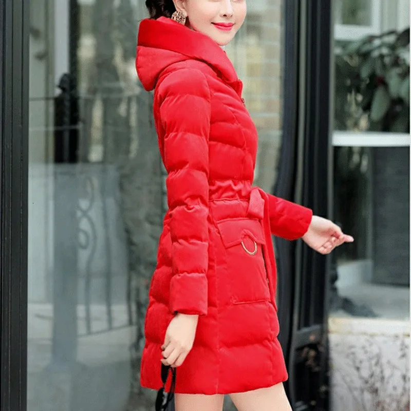 Теплое зимнее пальто Женская длинная парка зимняя куртка женская Casaco Feminino Корейская тонкая Толстая хлопковая куртка золотистое бархатное Стеганое пальто R2