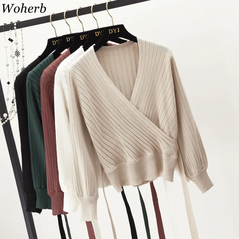 

Woherb V Neck Women Sweater Autumn Sexy Cross Bandage Knitted Jumper 2019 Korean Fashion Crop Sweaters Female Pullover Top 23069