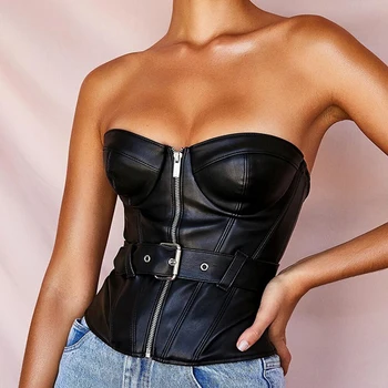 

2019 New Arrival Fashion Black Pu Leather Top Sashes Design High Quality Women Sexy Backkless Cocktail Top Vestidos Wholesale