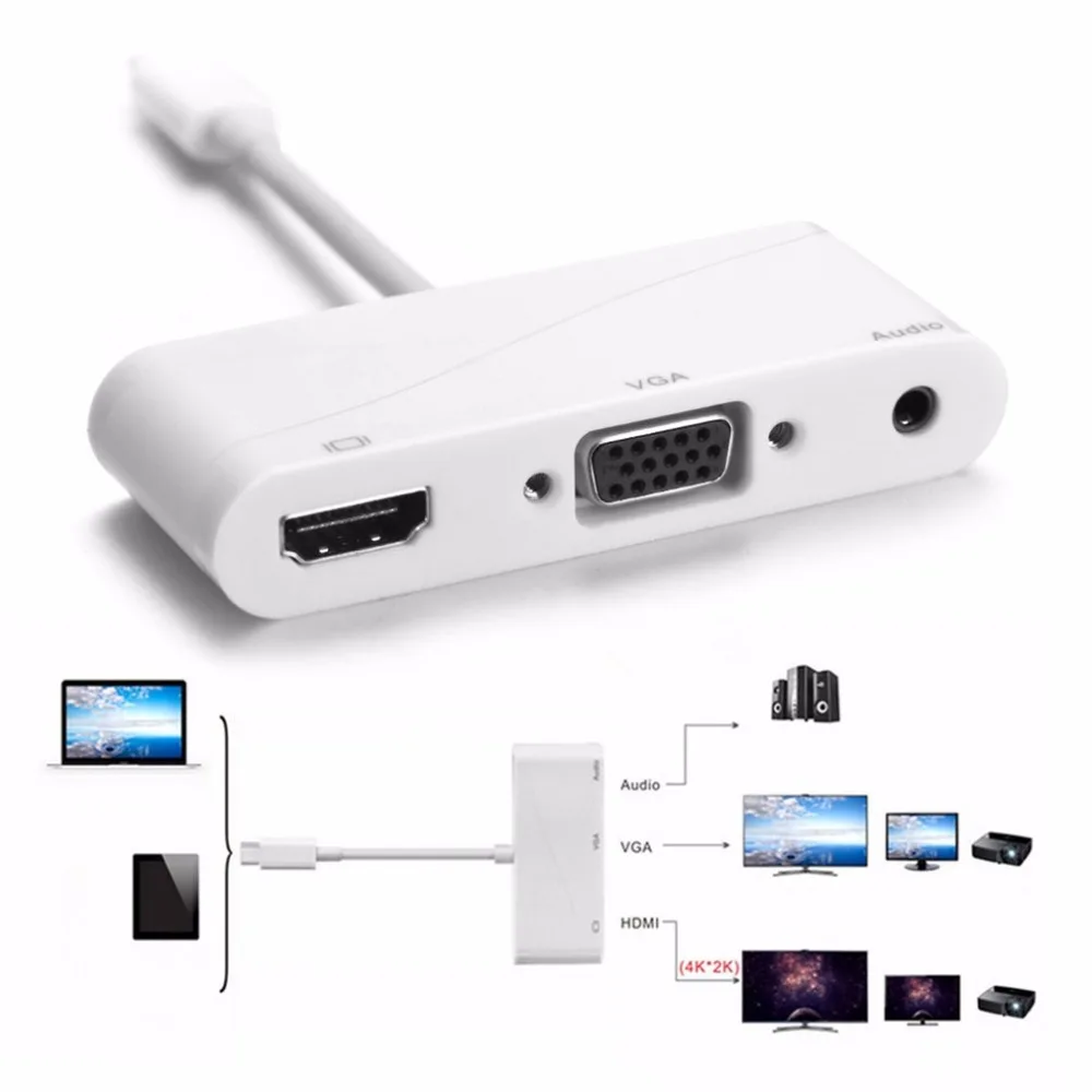 Высококачественный USB 3,1 тип-c к HDMI VGA Аудио HD адаптер высокой четкости конвертер с тип-c к VGA кабель Белый