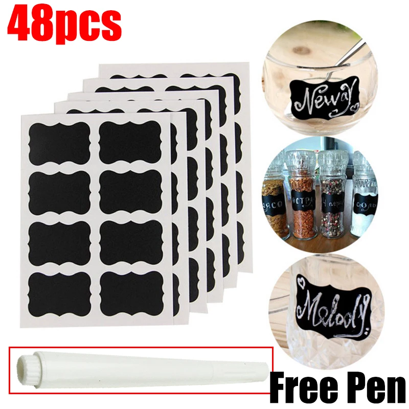 48Pcs/Set Waterproof Chalkboard Kitchen Spice Label Stickers Home Jars Bottles Tags Blackboard Labels With Marker Pen | Дом и сад