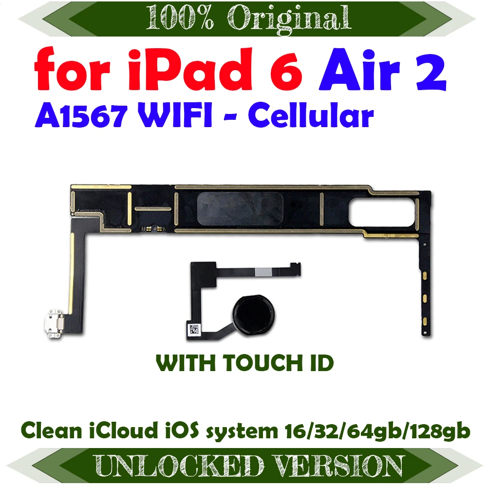 A1566 Motherboard For ipad 6 Air 2 Logic board Unlocked with touch id Wifi Version 16gb 32gb 64gb 128gb mainboard logic board