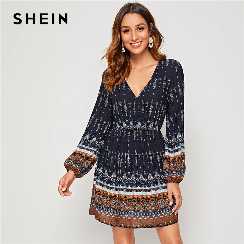 SHEIN темно-синее платье с v-образным вырезом и этническим принтом Boho трапециевидной формы для женщин осенние праздничные короткие платья с рукавом-Бишоп с высокой талией для дам