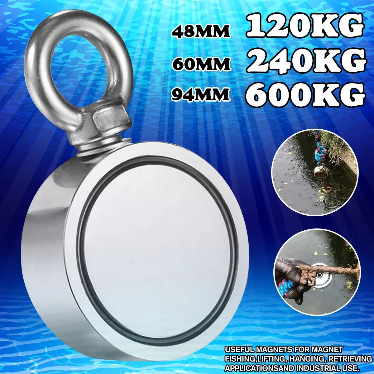 

120/600KG Double-sided Powerful Round Neodymium Magnet Hook Salvage Magnet Sea Fishing Equipments Holder with Ring