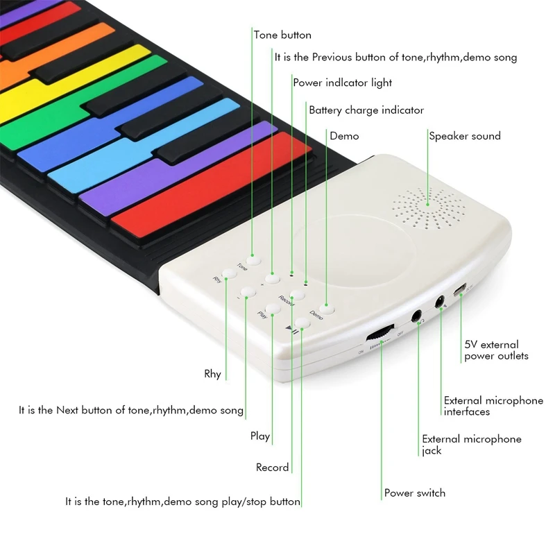 ABUO-Color 49 Standard Keys Flexible Kids Piano Keyboard Flexible Roll Up Keyboard Piano Built-In Lithium Battery Completely Por