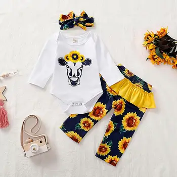 

Cute Baby Clothes Newborn Infant Baby Girl Clothes Long Sleeve Cartoon Romper Tops Sunflower Floral Pants Headband Outfits Set