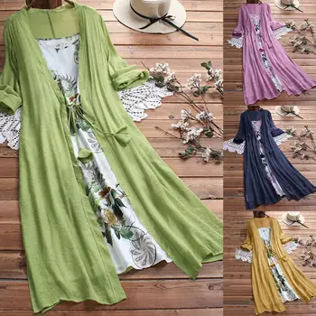

2Pcs Plus Size Lady Flower Print Cotton Linen Sleeveless Dress for Cardigan Summer Dress Knee-length Dress Vestidos Casual cloth