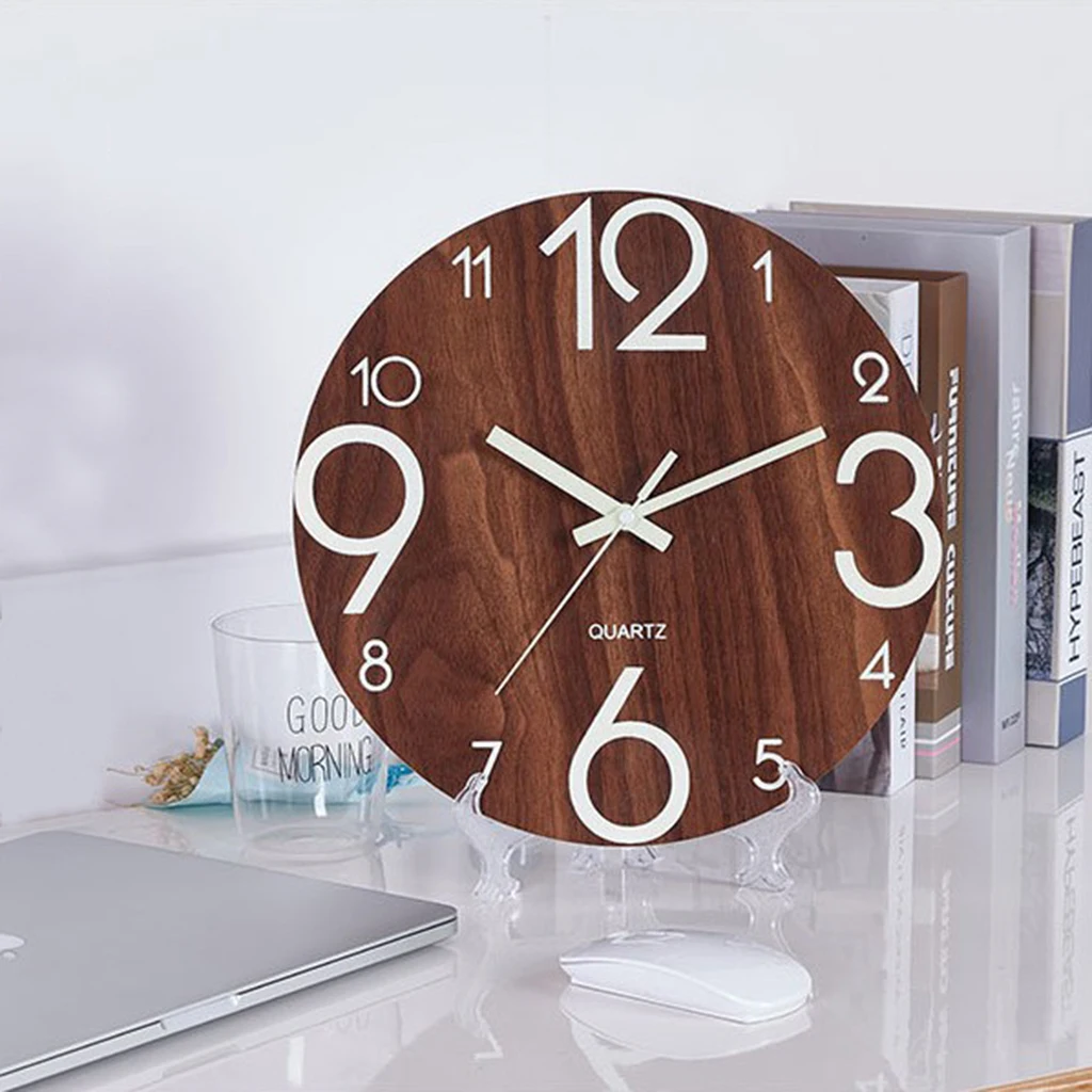 Luminous Non-ticking Wood Wall Clock 30cm Round Silent Glow in the Dark Clock for Living Room Bedroom Wall Desk Decor