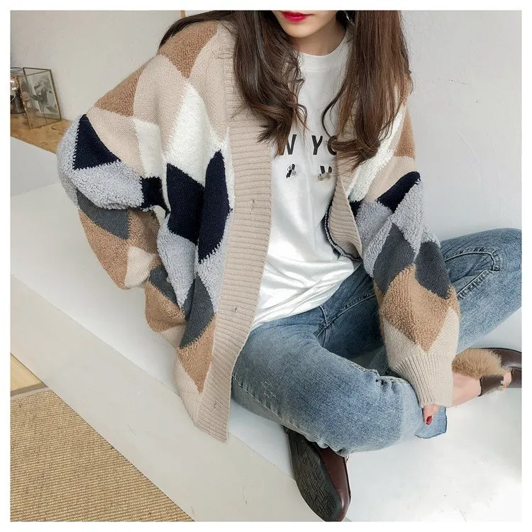 

Autumn Winter Single Breasted Plaid Loose Sweaters Vintage Women V-Neck Cardigans Coat Casual Long Sleeve Tops