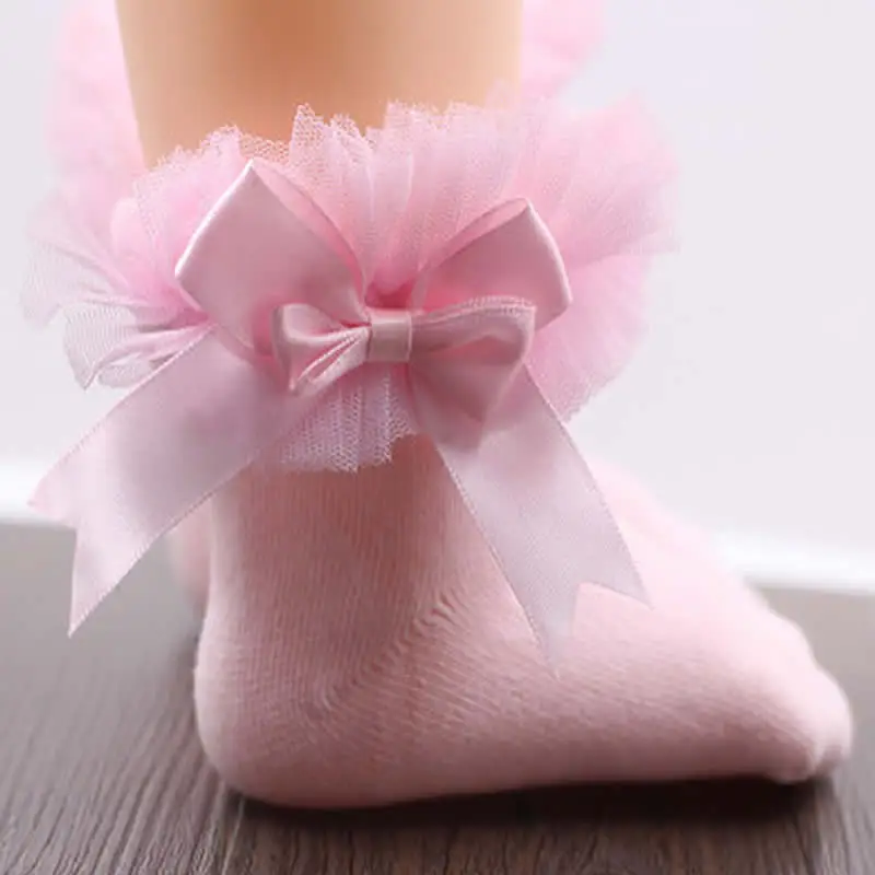 Calcetines con tutú de princesa para niños y niñas, cinta de lazo anudado de seda, de encaje con volantes, tobilleros de algodón para fotografía