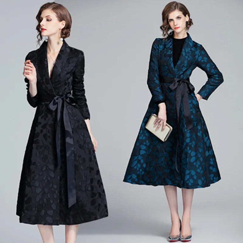 

Europe America Autumn Women New Chic JacquardWind Long Windbreaker 2020 Runway Fashion Bow Lace Up Over The Knee Lady Coat